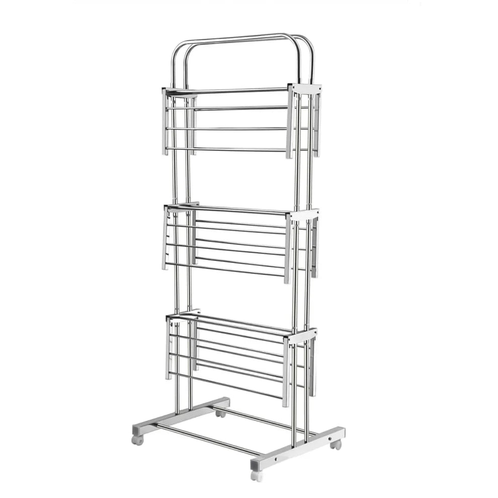 Stainless Steel Clothes Drying Stand – Foldable 3-Layer Rack with Wheels