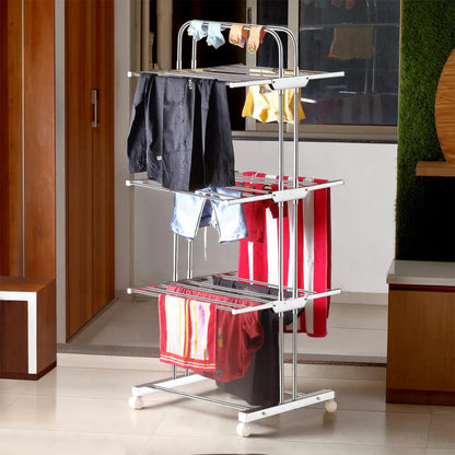 Stainless Steel Clothes Drying Stand – Foldable 3-Layer Rack with Wheels