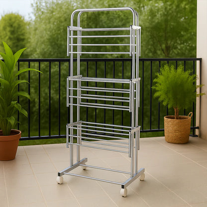 Stainless Steel Clothes Drying Stand – Foldable 3-Layer Rack with Wheels