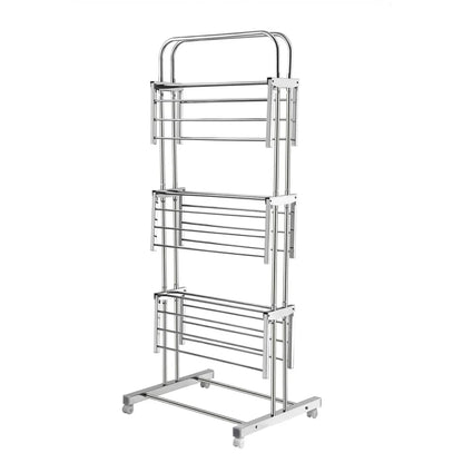 Stainless Steel Clothes Drying Stand – Foldable 3-Layer Rack with Wheels