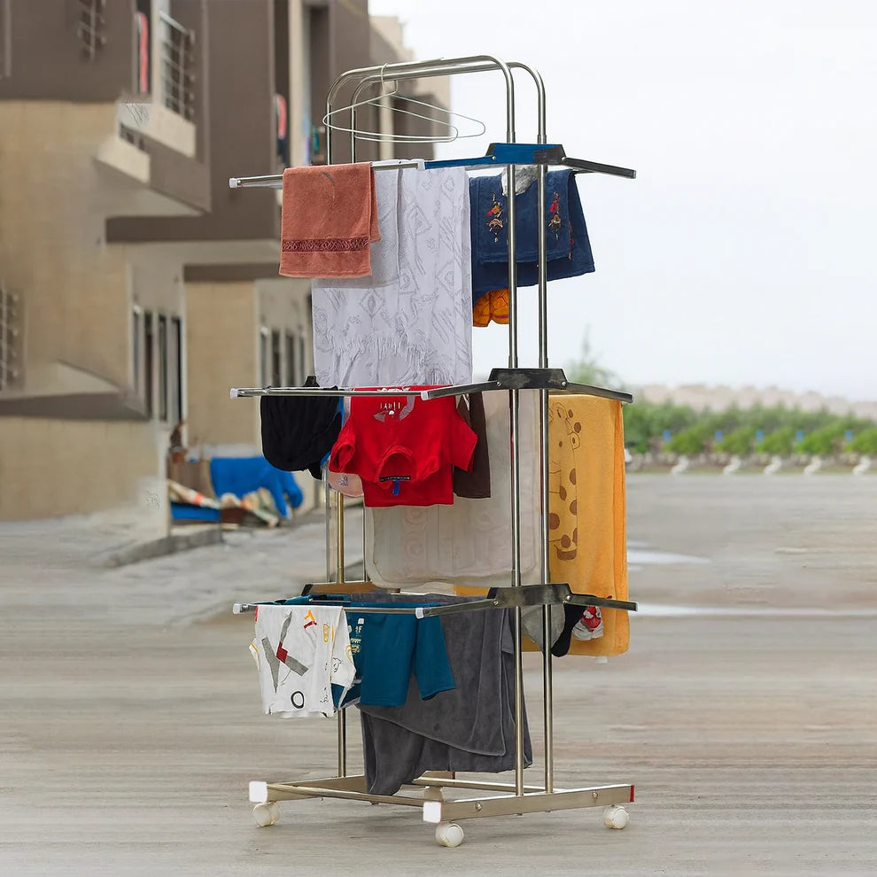 Stainless Steel Clothes Drying Stand – Foldable 3-Layer Rack with Wheels